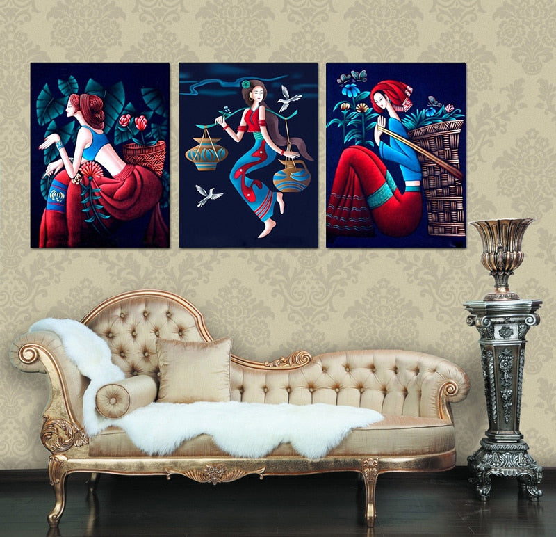 3 pieces handmade painting chinese folk paiting girls and fresh flower on oil canvas for home dedor and wall art poster