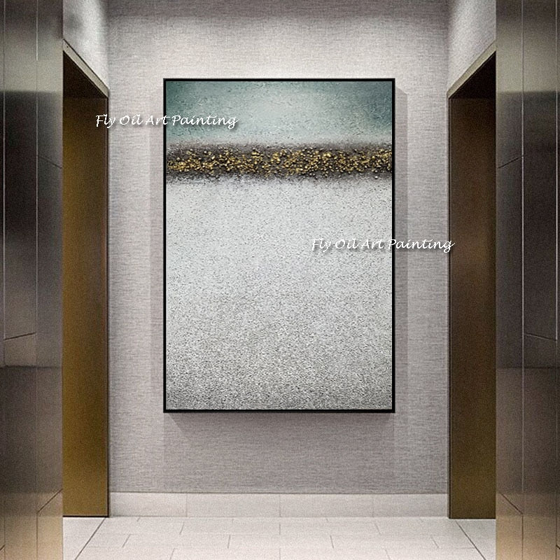 Abstract ocean grey gold foil hand oil painting modern large size  mural living room home decoration color canvas art as a gift