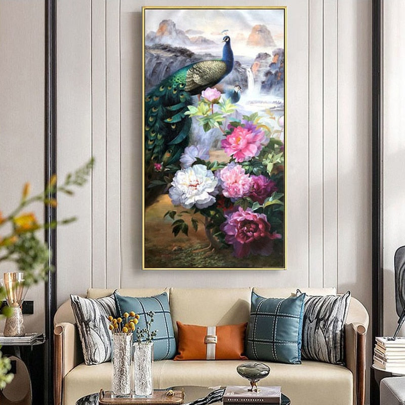 Realistic Peacock Flowers Blooming Rich Peony Oil Painting Home Entrance Painting Corridor Aisle Wall