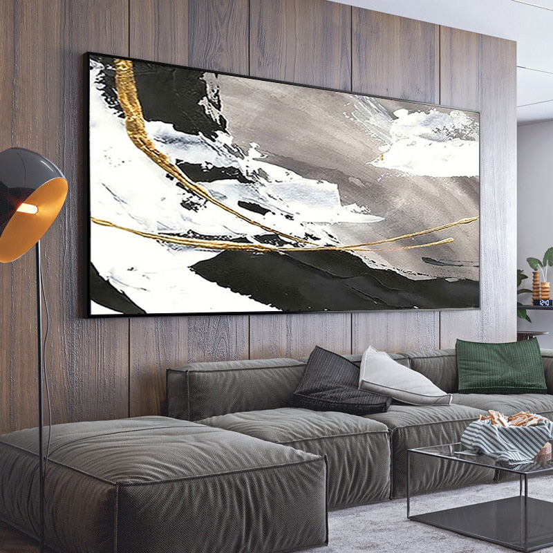Original hand-painted oil painting three-dimensional black and white gray modern light luxury living room sofa background wall l