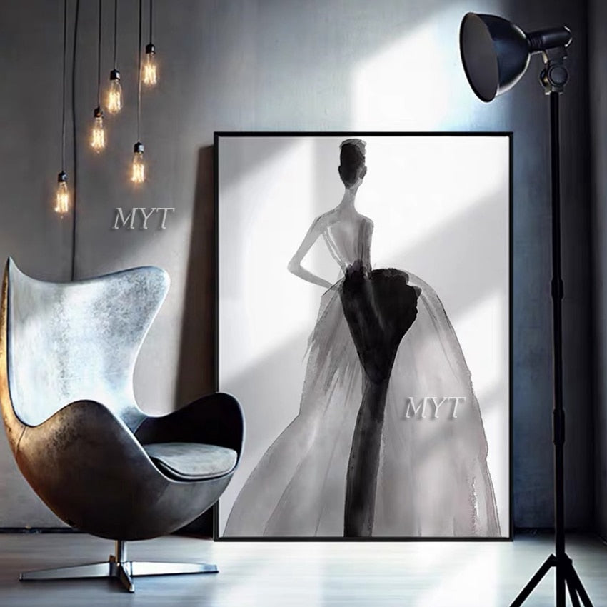 Black And White Sexy Lady Portrait Art Oil Painting Wall Decor Art Woman Figure Canvas Artwork For Bedroom Decorative Item