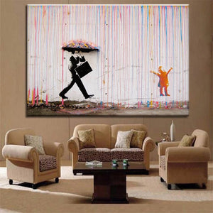 Banksy Colored Rain Graffiti 100% Hand Painted Canvas Oil Painting, Contemporary Art, NOT PRINT