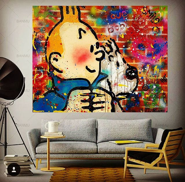 Hand Painted TINTIN And Dog  Cartoon On Canvas  POP ART Oil Painting Good For Kids Room Decoration