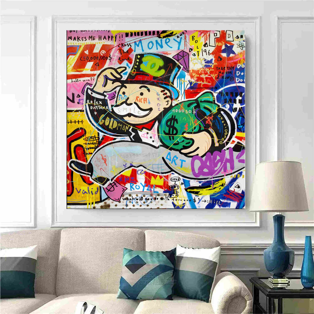 Banksy Style Run Fast 100% Hand Painted Canvas Oil Painting, Graffiti Street Art, Modern Pop Art