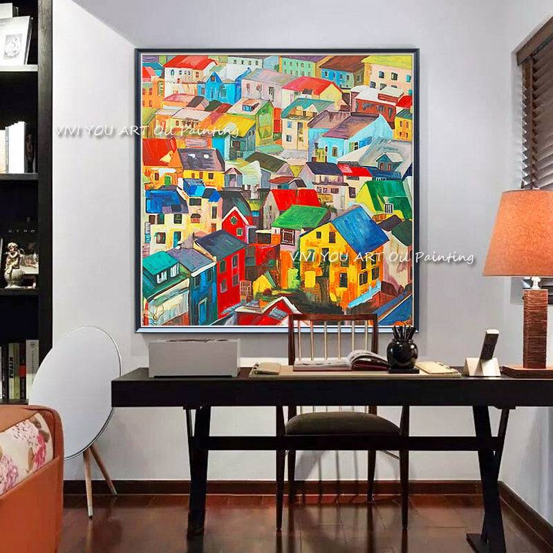 Skilled Artist Hand-painted High Quality Colorful House Landscape Oil Painting on Canvas Beautiful House Home Decor Oil Painting