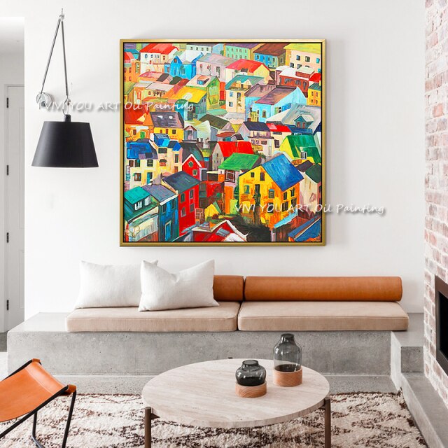 Skilled Artist Hand-painted High Quality Colorful House Landscape Oil Painting on Canvas Beautiful House Home Decor Oil Painting