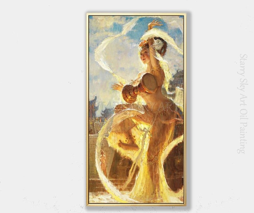 Impressionist Wall Art Tang Dynasty Beauty Lady Drumming Oil Painting on Canvas Ancient Beauty Lady Playing Oil Painting