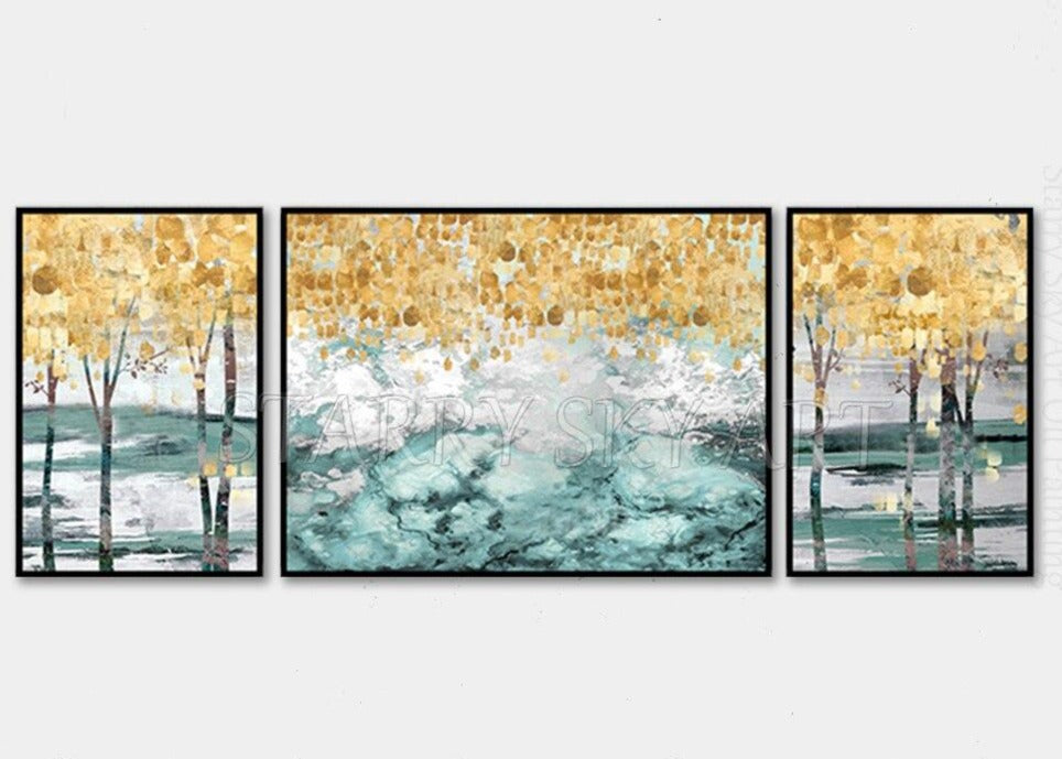 Professional Artist Hand-painted 3 Pieces Set Golden Tree Oil Painting on Canvas Pop Art Abstract Golden Oil Painting Decoration