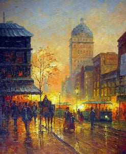 100%Handmade Oil Painting Hand Nice Oil painting impressionism Paris Street Scene in sunset city & horseman 36"