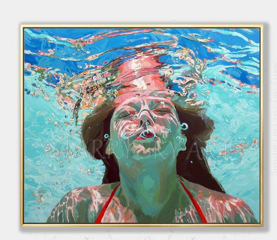 Top Artist Hand-painted High Quality Impressionist Swimmer Portrait Oil Painting on Canvas Beautiful Lady Diving Oil Painting