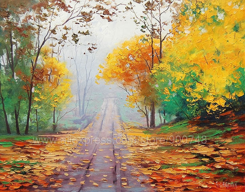Huge oil paintingAutumn Fall Painting Commissioned Road Yellow Trees Art Misty Landscape Wall Art Canvas painting Bedroo