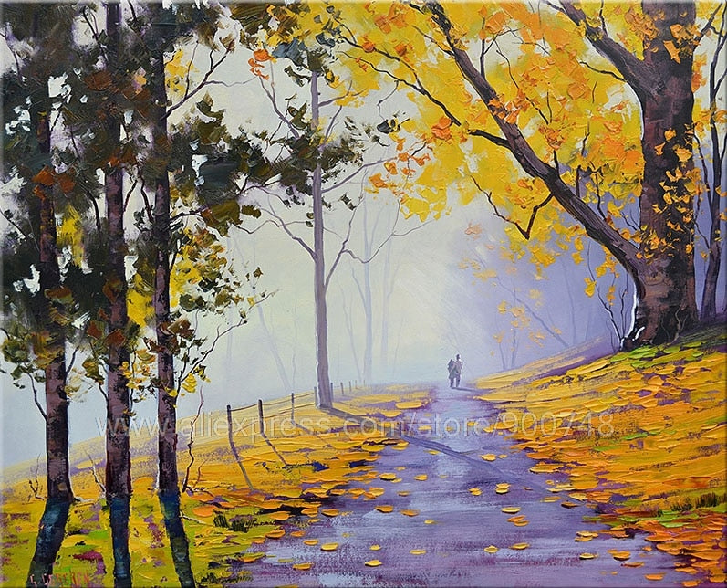 Yellow Impressionist oil painting Autumn Trees Fall Landscape Trail Figure Fine Art Huge Home Decoration Wall Pictures w