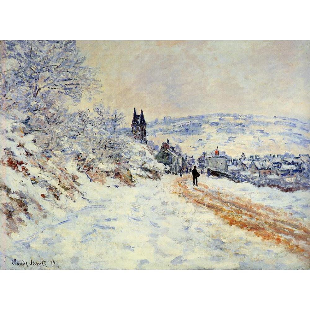 Hand Painted Oil paintings Claude Monet Canvas art The Road to Vetheuil, Snow Effect High quality home decor