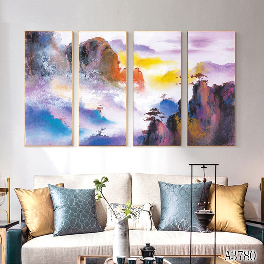 Modern Abstract Oil Painting Print on Canvas 4pcs Chinese style Landscape Canvas Art Printing Wall Art Picture for Home Decor