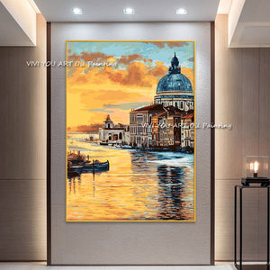 The 100% Handpainted Water City Textured High Quality Original Abstract Modern Thick Oil Painting Brush Wall Drawing Gold View