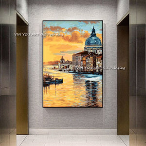 The 100% Handpainted Water City Textured High Quality Original Abstract Modern Thick Oil Painting Brush Wall Drawing Gold View