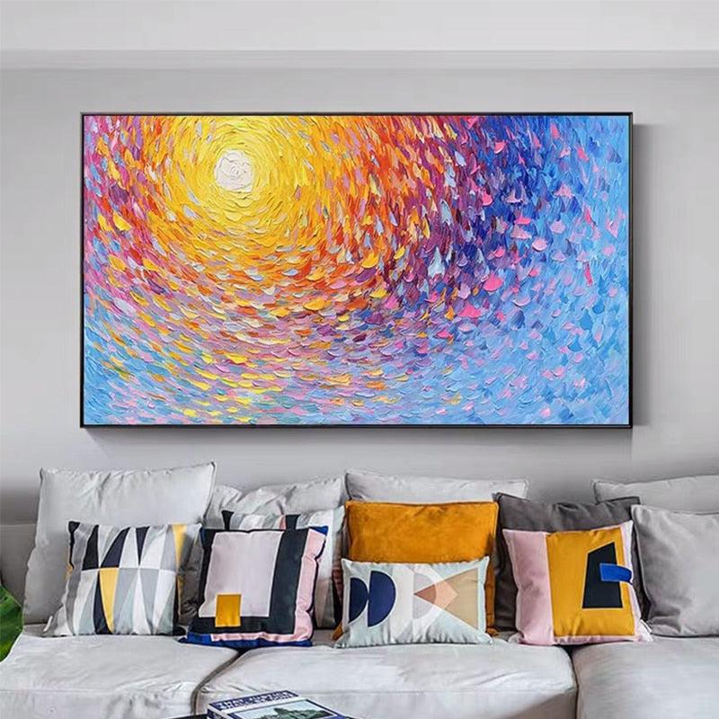 Modern Artist Painted Abstract Golden Sun Halo Oil Painting On Canvas Wall Art Frameless Picture Decor For Living Room Home Gift