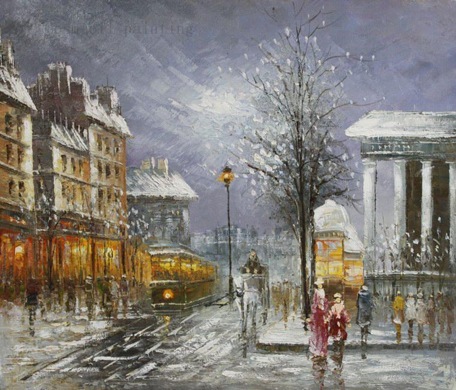 Wall Artwork Decorative Christmas Unique Gift Handmade Modern Abstract Oil Painting on Canvas Handpainting Snow Day Streetscape