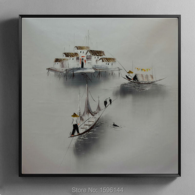 Oil Painting Canvas Abstract Vietnam Landscape Fishing boat Hand painted Wall art Picture Home decor Modern Paintings