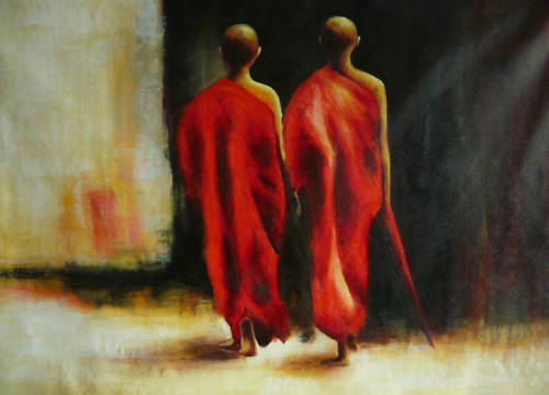 100%Handmade Buddhist Monks Oil Painting 30x20 Not a Print/Poster.
