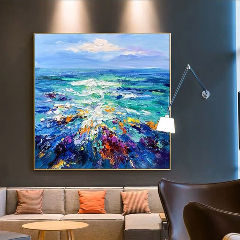 Modern Artist Painted Abstract Dark Blue Sea Oil Painting On Canvas Wall Art Frameless Picture Decor For Living Room Home Gift