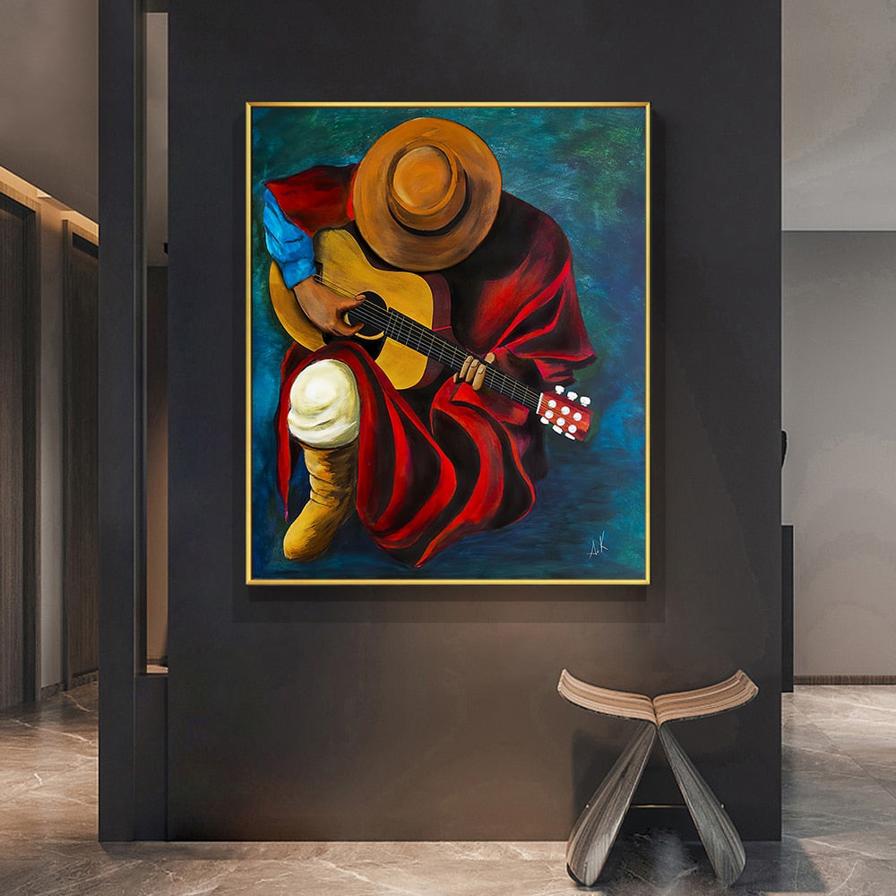 Abstract Portrait Wall Art Hand painted Guitar Player Oil Paintings On Canvas Man with a Guitar Oil Painting for Home Decoration