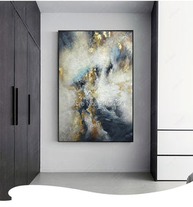 Hand painted Abstract Gold and Blue Oil Paintings Handmade Modern Canvas Painting Wall Painting for Living Room home Decoration