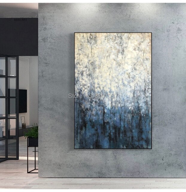 Handmade Canvas Modern Hand Painted Oil Painting on Canvas for Living Room Abstract Blue and White Painting Home Decoration