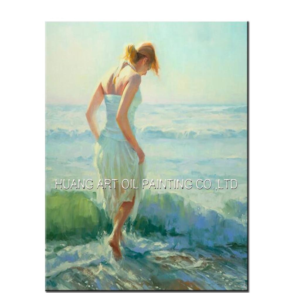 Newest Handmade Seaside Landscape Painting on Canvas for Home Decor Beautiful Girl Play Water of Sea Character Oil Painting