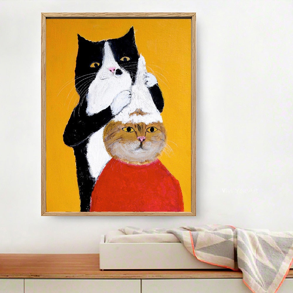 Cute Cat Animal Cartoon Posters and Handmade Canvas Painting Wall Art Pictures for Living Room Cuadros Home Decor