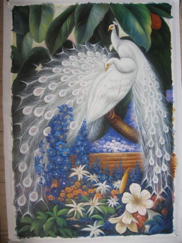 100% handpainted white peacock flower leaves landscape handmade oil painting classical animal manual painting home decortion