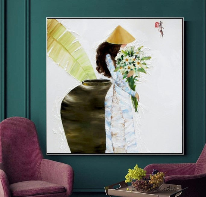 Pure Handmade Knife Painting Abstract Art Ladies Lily with Flowers Vietnamese Art for Living Room Wall Decoration