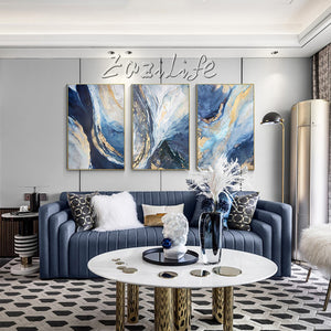 Set of 3 Abstract modern blue Gold Hand Painted Oil painting On Canvas Painting For Living Room Wall art decoration