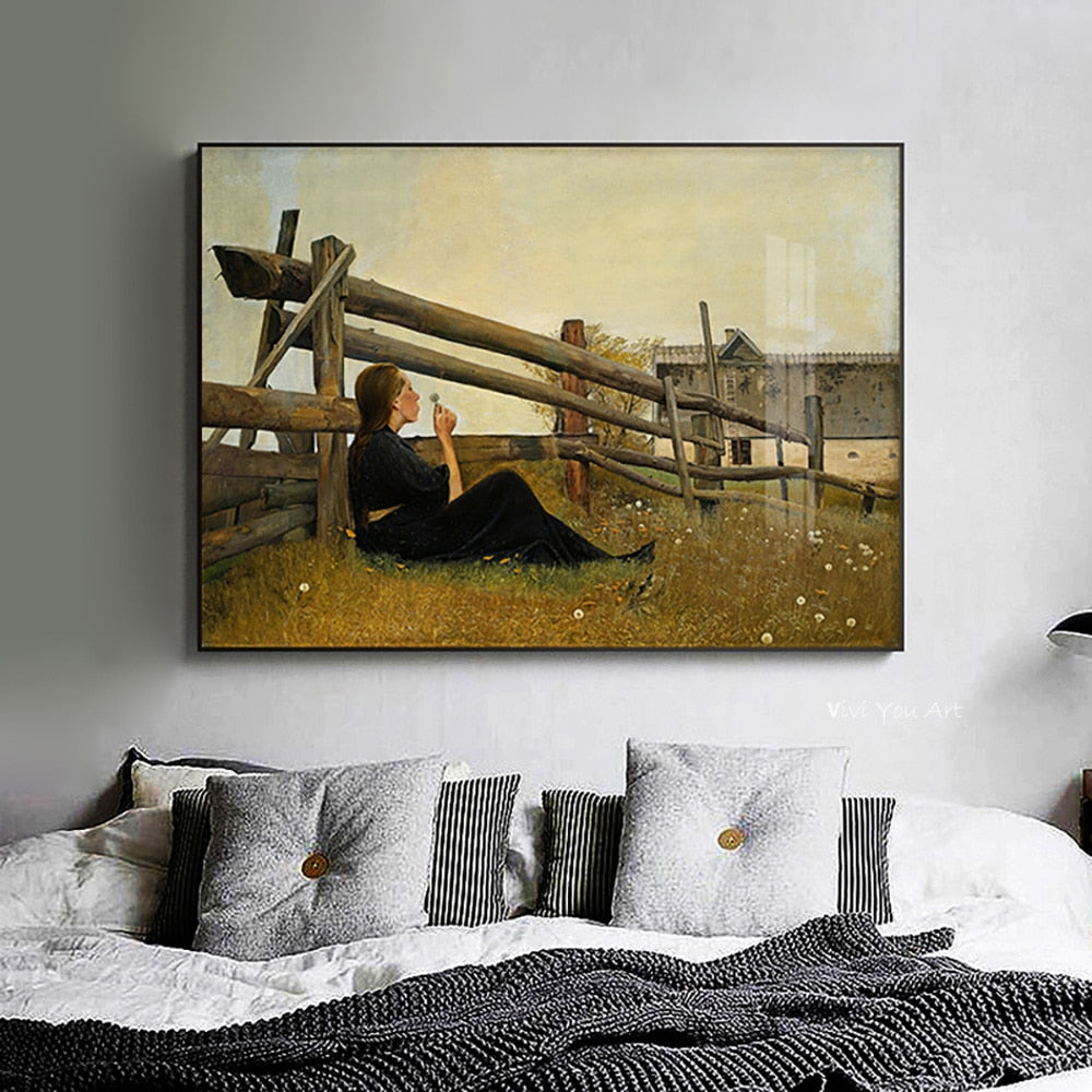 Famous Painting  A Woman Blows Dandelions on the Grass Handmade Canvas Art Painting Wall Pictures For Living Room Home Decor