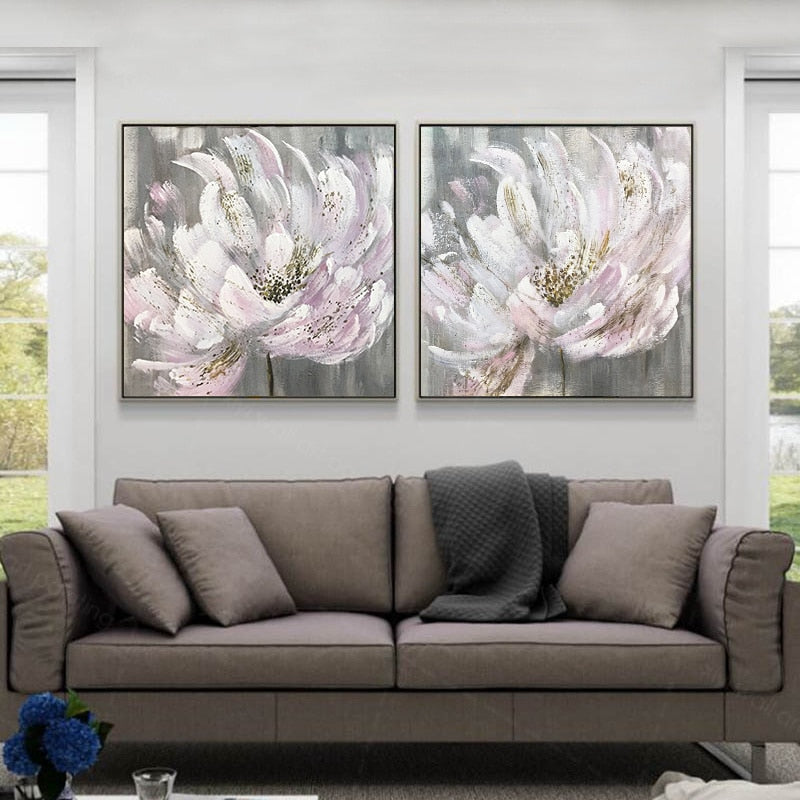 2 Pieces Handmade Pink Flower Abstract Painting Canvas Wall Art Pictures For Living Room Home Decoration Salon Texture