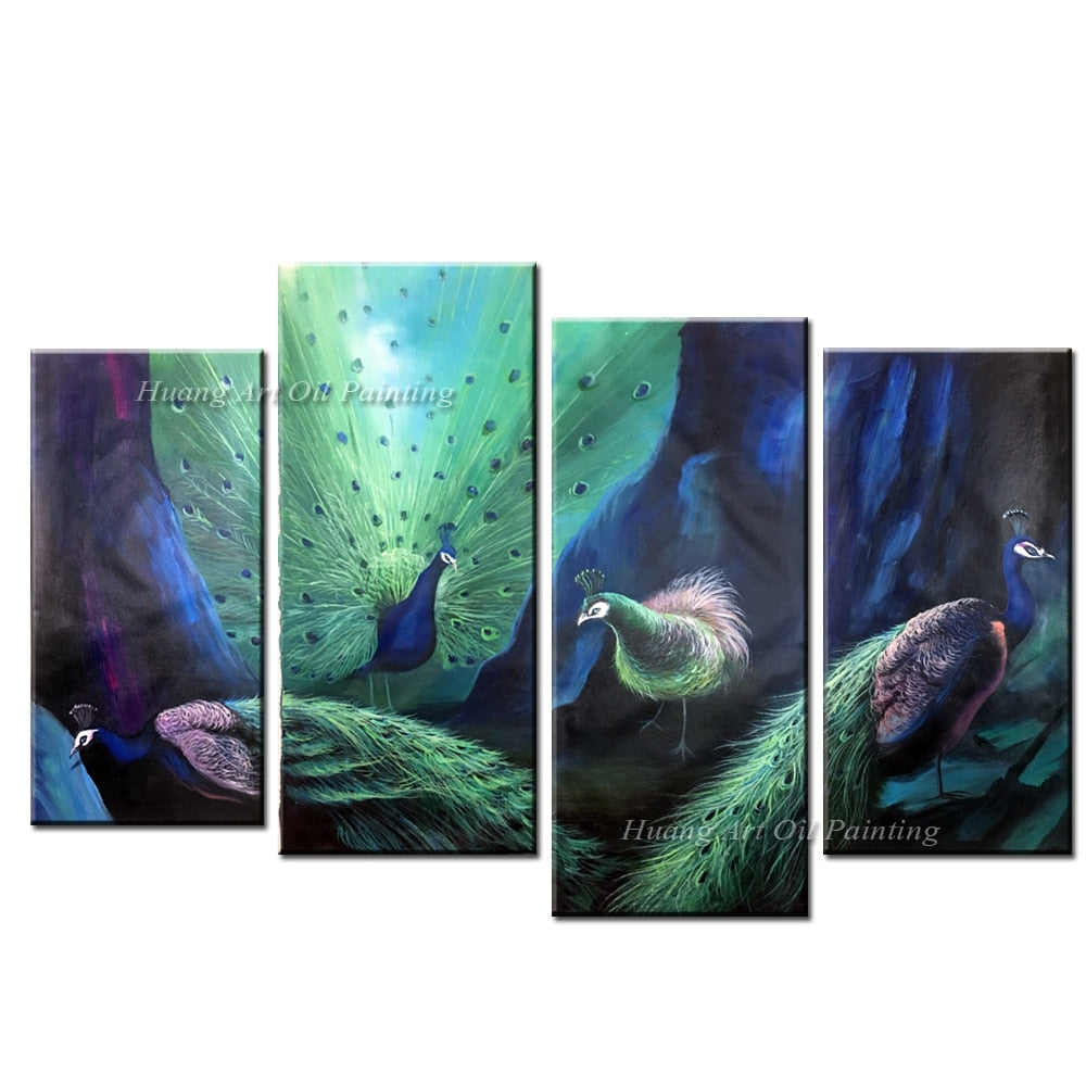 Wholesale Handmade Realistic 4 Proud  Peacock Oil Painting Group Of Paintings on Canvas for Hotel Room Decor Zoo Paintings