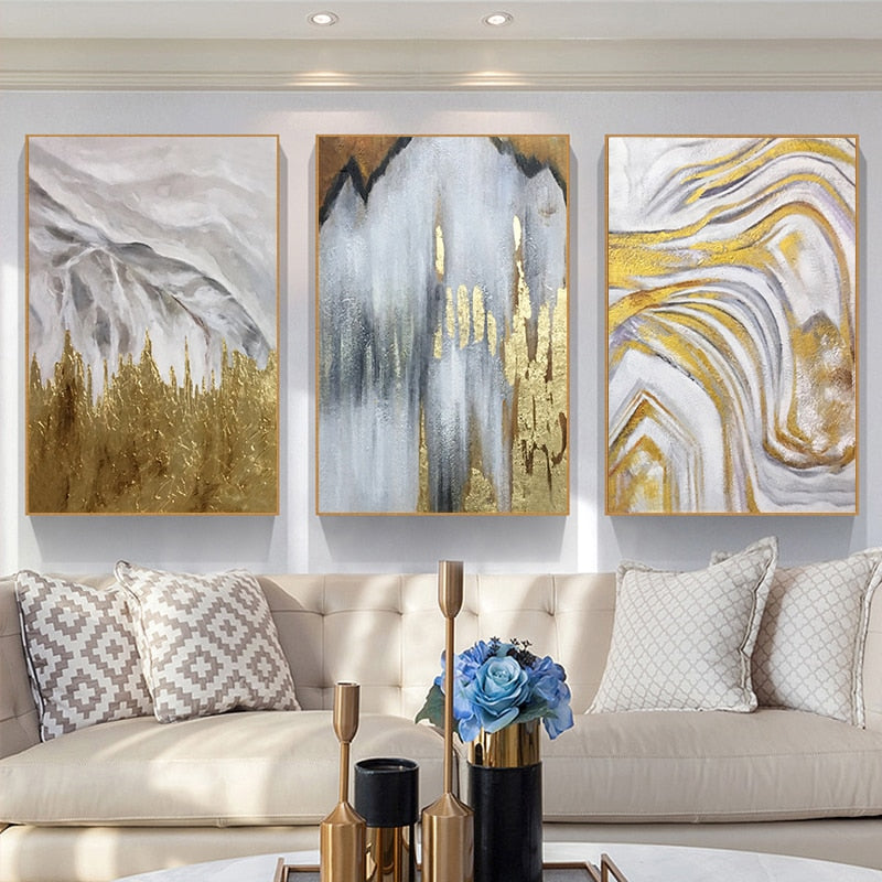 Handmade 3 Pieces Framed Canvas Gold Abstract Painting For Living Room Home Wall Art Decoration