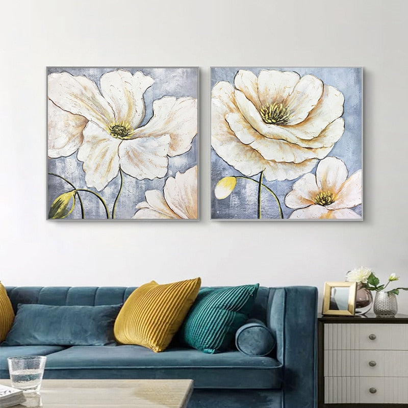 2 Pieces Handmade Abstract Canvas Painting White Flower Wall Art Pictures For Living Room Home Decoration Salon Texture