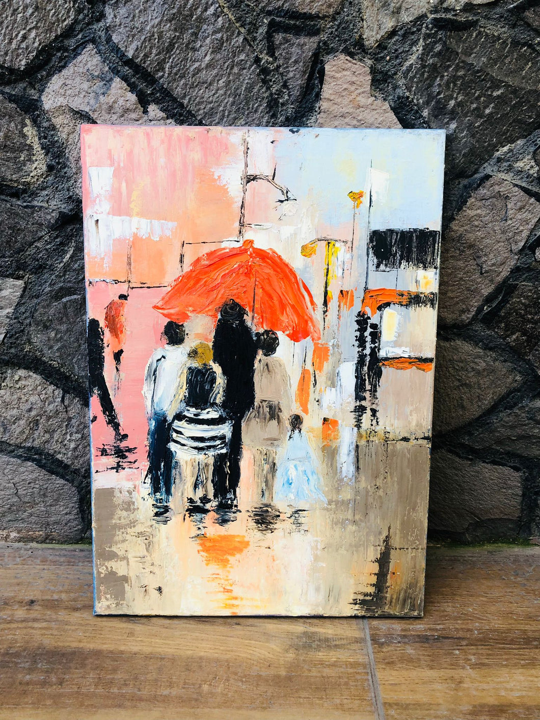 Home Decor Wall Hanging Decoration Oil Painting on Canvas Art Handmade Personalized Housewarming Gift Family on Street Rainy Day