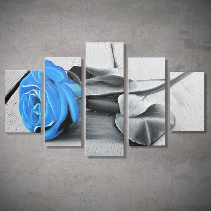 5 Panels Large Handmade Hand Painted Oil Painting On Canvas Blue Rose Flower Wall Art Picture For Living Room Home Decor Unframe