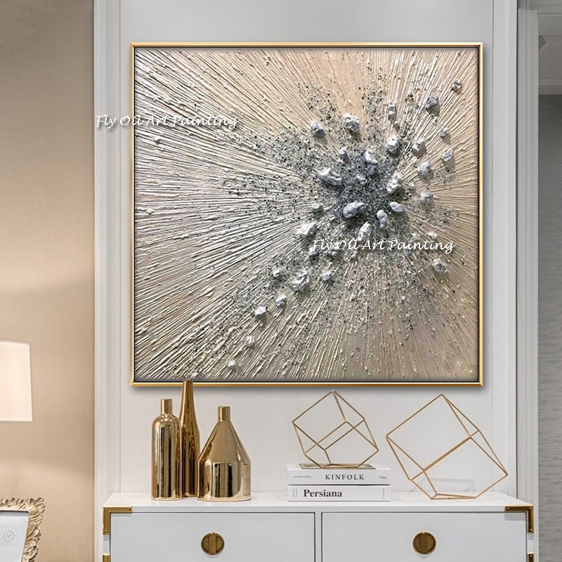 High Quality  Silver Knife Thick Oil Painting canvas art picture Hand painted Abstract Grey Silver Oil Painting corridor