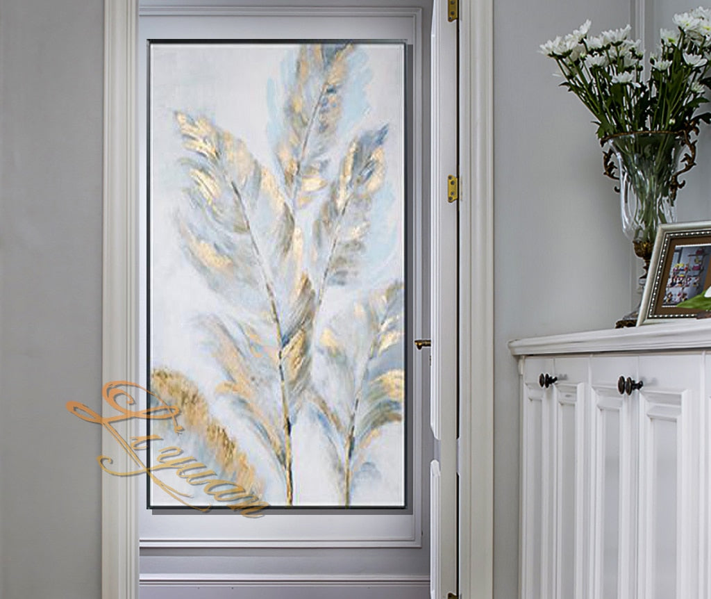 Golden Feathers Handmade Beautiful Abstract Oil Paintings On Canvas Modern Wedding Decor Wall art Pictures Home Decoration