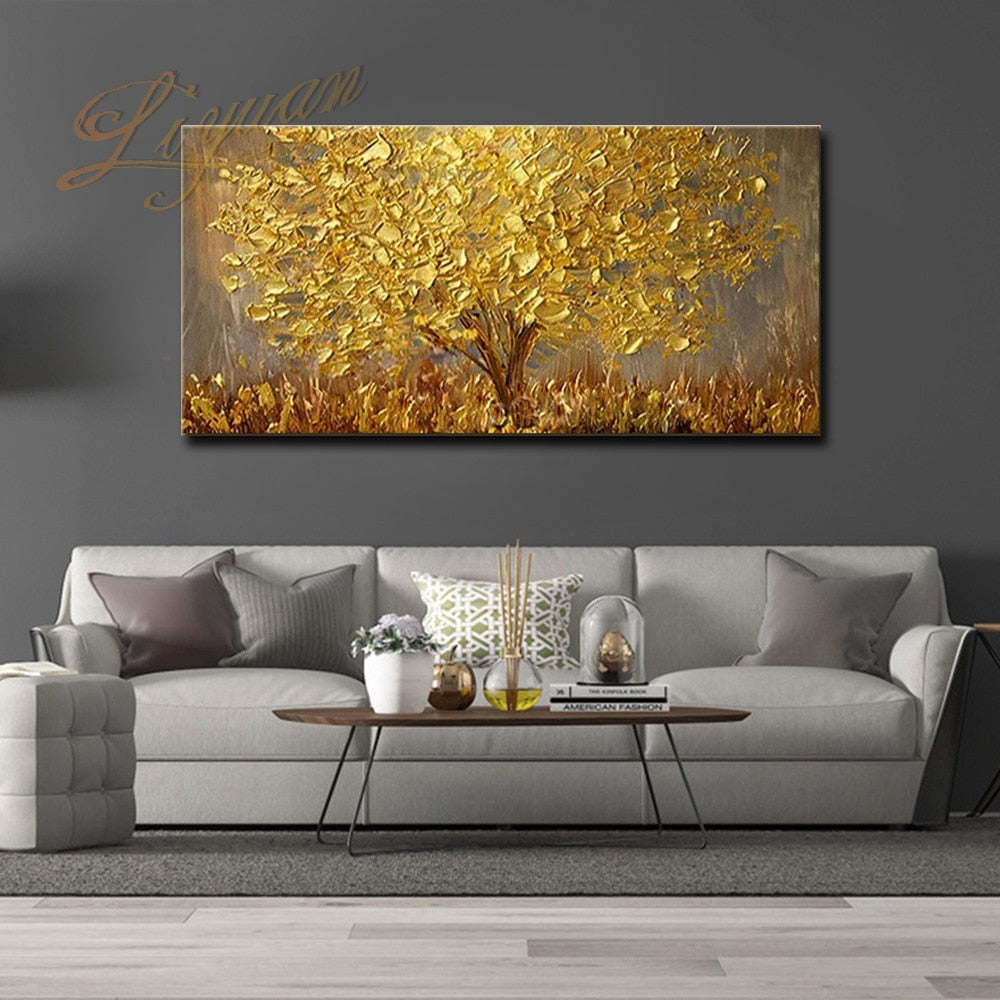 SHOUJIQQ Hand Painted Golden Flower Oil Painting - Modern Large