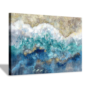 Abstract Picture Canvas Wall Art: Blue &amp; Gold Artwork Painting on Canvas for Office (45'' x 30'' x 1 Panel)