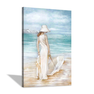 Abstract Beach &amp; Girl Artwork Picture: Blue Seascape Painting Coastal Wall Art on Canvas for Living Room