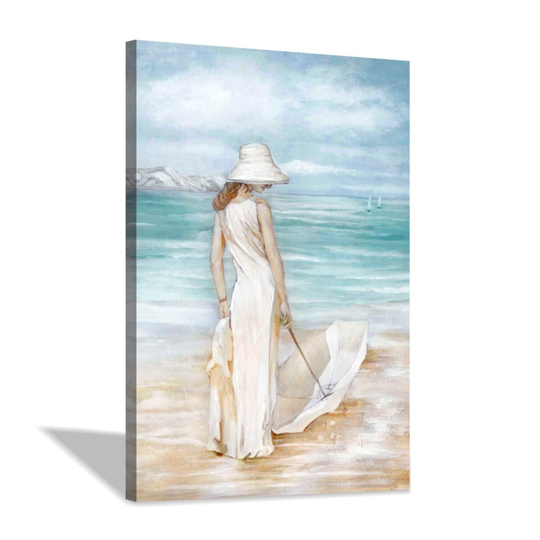 Abstract Beach & Girl Artwork Picture: Blue Seascape Painting Coastal Wall Art on Canvas for Living Room
