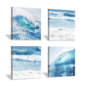 Coastal Coastline Canvas Wall Art: Ocean Waves Artwork Print on Canvas for Living Room (12'' x 12'' x 4 pcs)