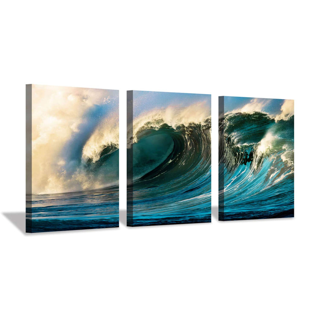 Ocean Wave Canvas Wall Art: Seascape Sunset Artwork Painting Print on Canvas for Bedroom (16'' x 12'' x 3 Panels)