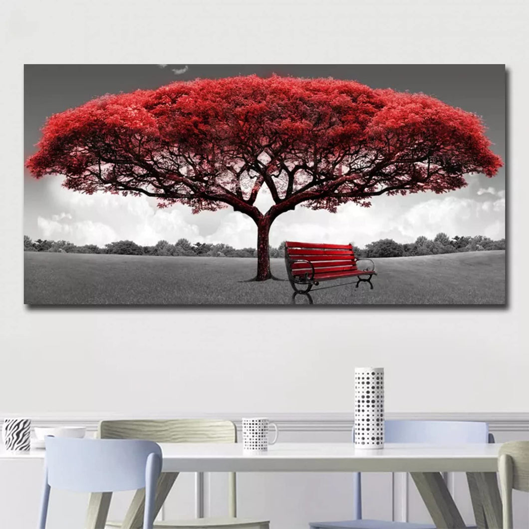 Black and white painting Red Tree and Chair Landscape Oil Painting on Canvas Posters and Prints Scandinavian Wall Art Picture