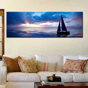 Black and White Painting Boat on Blue Sea Horizon Canvas Painting Wall Art Posters and Prints Wall Picture for Living